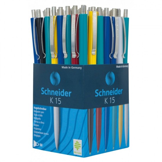 Set 50 Pixuri cu Mecanism Retractibil + Clips de Prindere, Grosime Scriere 0.7 mm, Diverse Culori, Pix Schneider K15, Accesorii Birou, Instrumente de Scris, Accesorii Scoala