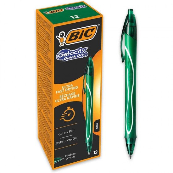 Set 12 Rollere BIC Gelocity Quick Dry, Varf 0.7 mm, Verzi, Pixuri Roller, Pix Roller, Pixuri BIC, Pixuri Roller cu Rezerva BIC, Pixuri Roller cu Rezerva Standard, Pixuri Quick Dry