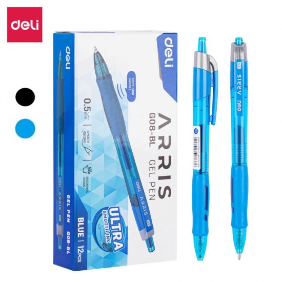 Cutie 12 Pixuri cu Gel DELI Arris, Varf Retractabil, 0.5 mm, Albastru, Design Ergonomic, Pix Albastru cu Gel, Pixuri Albastre, Pixuri cu Gel, Pixuri cu Varf Retractabil, Pix cu Gel si Varf Retractabil, Pixuri Albastre Varf Subtire, Pix Albastru Ergonomic