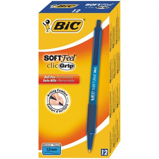 Set 12 Pixuri BIC Soft Feel Clic, Varf 1 mm, Albastre, Set Pixuri Colorate, Pixuri BIC, Pixuri Retractabile pentru Scoala, Set Pixuri Albastre cu Buton, Pixuri Albastre cu Mecanism, Pix Albastru cu Mecanism, Pix pentru Scoala, Pix Albastru cu Buton