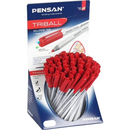 Pixuri PENSAN Triball, Varf 1 mm, 60 Buc/Set, Scriere Rosie, Corp Plastic cu Capac, Pix Rosu, Pixuri Rosii, Pixuri Scolare, Pixuri pentru Scoala, Pixuri Colorate, Set Pixuri Colorate, Set de Pixuri, Pix Colorat