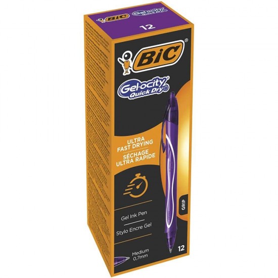 Set 12 Rollere BIC Gelocity Quick Dry, Mov, Varf 0.7 mm,  Pix cu Gel, Pix Roller, Pix BIC, Pix Roller cu Rezerva BIC, Pix Roller cu Rezerva Standard, Pix Quick Dry