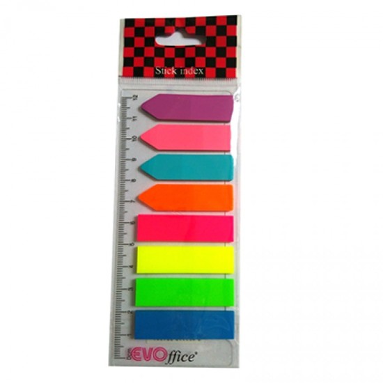 Stick Index Plastic Color EVOffice cu Rigla, Forma Steag si Sageata, Dimensiune 44x12.7 mm, 8 Culori Neon x 25 File