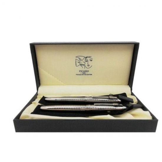 Set Pix si Stilou Picasso, Penita Placata cu Aur de 18K, Argintiu, Capac Ornat cu Cristal, Mina Pix Parker, Material Metal, Grip Negru, Stilou Placat cu Aur, Stilou cu Pix, Stilou Picasso, Pix Picasso, Pix cu Mina Parker