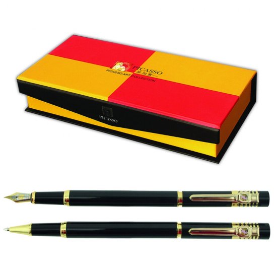 Set Pix si Stilou Picasso, Penita Placata cu Aur de 22K, Negru cu Ornamente Aurii, Mina Pix Parker 0.2 mm, Material Metal, Grip Negru, Stilou Placat cu Aur, Stilou cu Pix, Stilou Picasso, Pix Picasso, Pix cu Mina Parker