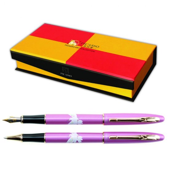 Set Pix si Stilou Picasso, Penita Placata cu Aur de 22K, Roz/Negru, Mina Pix 1 mm Albastru, Penita Placata cu Aur de 22K, Material Metal, Grip Negru, Stilou Placat cu Aur, Stilou cu Pix, Stilou Picasso, Pix Picasso, Pix cu Mina Parker