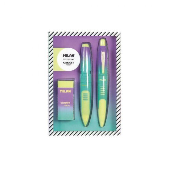 Set Cadou Sunset Milan, Galben, Creion Mecanic, Stilou cu Cerneala Albastra, Radiera, Rechizite Scolare, Set Rechizite Scolare, Cadou Rechizite, Cadou Rechizite Milan, Set Rechizire Milan, Set Insturmente de Sris, Set Instrumente de Scris Milan
