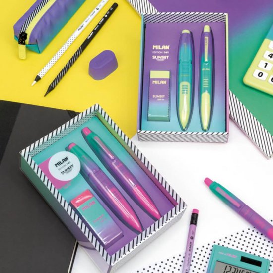 Set Cadou Sunset Milan, Galben, Creion Mecanic, Stilou cu Cerneala Albastra, Radiera, Rechizite Scolare, Set Rechizite Scolare, Cadou Rechizite, Cadou Rechizite Milan, Set Rechizire Milan, Set Insturmente de Sris, Set Instrumente de Scris Milan