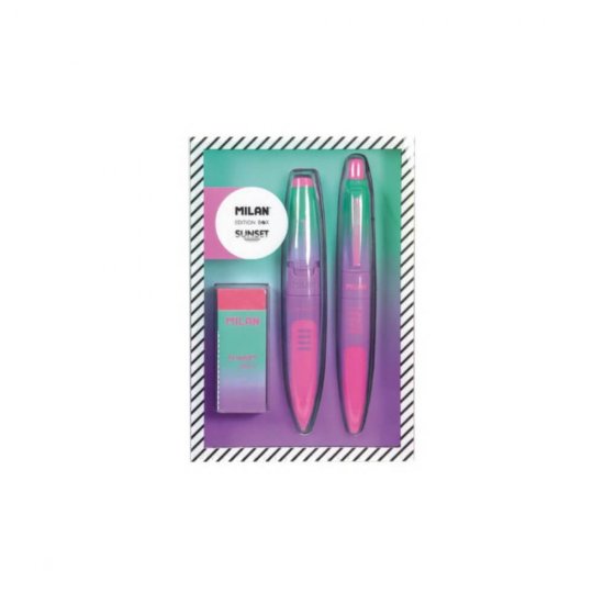 Set Cadou Sunset Milan, Roz, Creion Mecanic, Stilou cu Cerneala Albastra, Radiera, Rechizite Scolare, Set Rechizite Scolare, Cadou Rechizite, Cadou Rechizite Milan, Set Rechizire Milan, Set Insturmente de Sris, Set Instrumente de Scris Milan