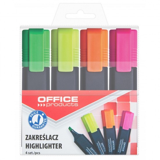 Set 4 Textmarkere OFFICE Products, Varf Tesit si Scriere de 1-5 mm, Multicolor Fluorescent, Textmarker Birou, Evidentiator, Instrumente de Scris