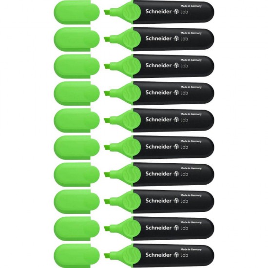 Set 10 Textmarkere Schneider Job, Varf Tesit si Scriere de 1-5 mm, Cerneala pe Baza de Apa, Culoare Verde Fluorescent, Evidentiator, Accesorii Birou, Instrumente de Scris