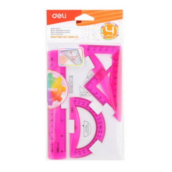 Set 4 Piese de Geometrie Deli, Roz, Trusa Geometrie, Trusa Geometrie din Plastic, Trusa Geometrie Deli, Set Geometrie, Set Geometrie Deli, Set Geometrie din Plastic, Trusa Geometrie de Calitate 