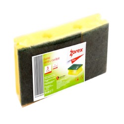 Set 3 Bureti cu Canelura Zorex Basic, 85x65x40 mm, Spuma Poliuretanica si Fibra Abraziva, Culoare Galbena, Burete Vase, Bureti Curatare, Burete pentru Menaj, Bureti pentru Casa