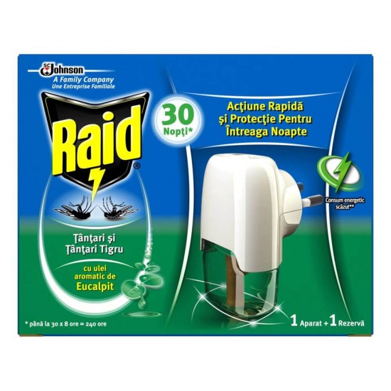 Aparat Electric Raid cu Lichid Impotriva Tantarilor, 21 ml, Set Aparat Electric si o Rezerva, Parfum Eucalipt, Aparat Anti Tantari cu Rezerva Lichida, Aparate Raid Impotriva Tantarilor, Solutii Raid Impotriva Tantarilor