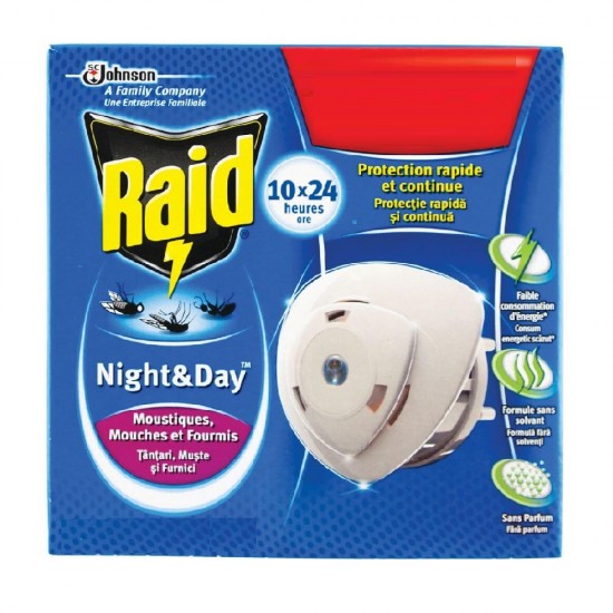 Aparat Electric Raid Night & Day cu Lichid, Impotriva Zburatoarelor si Taratoarelor, Insecticid Raid Noapte si Zi, Aparat Electric Raid Impotriva Mustelor Tantarilor si Furnicilor, Aparat Electric Raid Anti Muste Tantari si Furnici