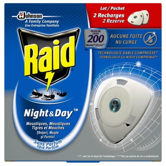 Rezerva Lichid pentru Aparat Electric Raid Night & Day, 2 Buc/Set, Impotriva Zburatoarelor si Taratoarelor, Insecticid Raid Noapte si Zi, Rezerva Lichida Aparat Electric Raid Impotriva Mustelor Tantarilor si Furnicilor