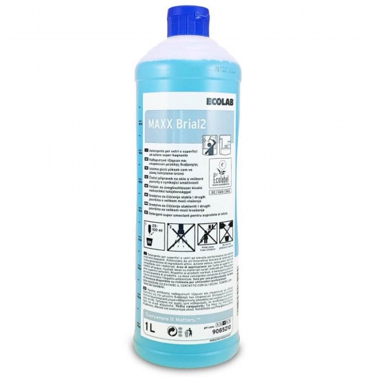 Detergent ECOLAB Maxx Brial 2, 1 L, Ideal pentru Suprafete de Sticla, Solutie Curatat Geamuri, Detergent de Geamuri, Solutie Spalat Geamuri, Detergent Geamuri Ecolab, Detergent pentru Sticla, Solutii si Produse de Curatenie