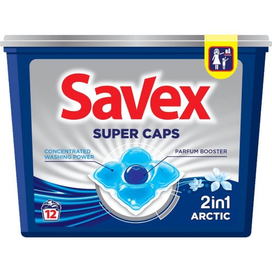 Detergent de Rufe SAVEX Super Caps Arctic, 2 in 1, 12 Capsule, Detergent Rufe, Detergent Caps, Detergent Automat Capsule, Detergent Capsule pentru Haine, Detergent Capsule pentru Rufe, Capsule Detergent pentru Haine