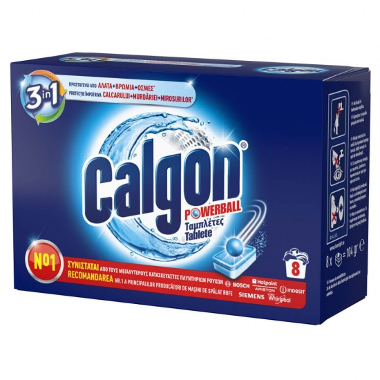 Detergent Anticalcar Tablete CALGON 3 in1, 8 Tablete, Parfum Fresh, Aditiv Impotriva Depunerilor de Calcar, Calgon Tablete pentru Calcar, Detergent Anticalcar pentru Masina de Spalat, Tablete de Curatare pentru Masina de Spalat