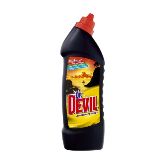 Solutie pentru Curatat WC 3 in 1 DR. DEVIL Lemon Fresh, 750 ml, Detergent pentru Baie, Detergent pentru Curatarea Suprafetelor din Baie, Solutie de Curatare Baie, Produse de Curatenie, Solutie Baie