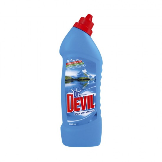 Solutie pentru Curatat WC 3 in 1 DR. DEVIL Polar Aqua, 750 ml, Detergent pentru Baie, Detergent pentru Curatarea Suprafetelor din Baie, Solutie de Curatare Baie, Produse de Curatenie, Solutie Baie
