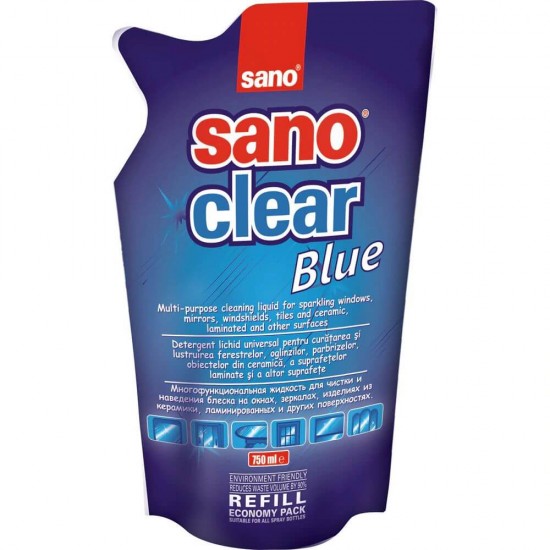 Rezerva Detergent Geamuri SANO Clear Blue, 750 ml, Rezerva Detergent Lichid Universal pentru Curatarea Ferestrelor, Solutie pentru Geamuri si Suprafete Lucioase, Rezerva pentru Curatat Ferestre, Rezerve Detergenti Lichizi pentru Geam