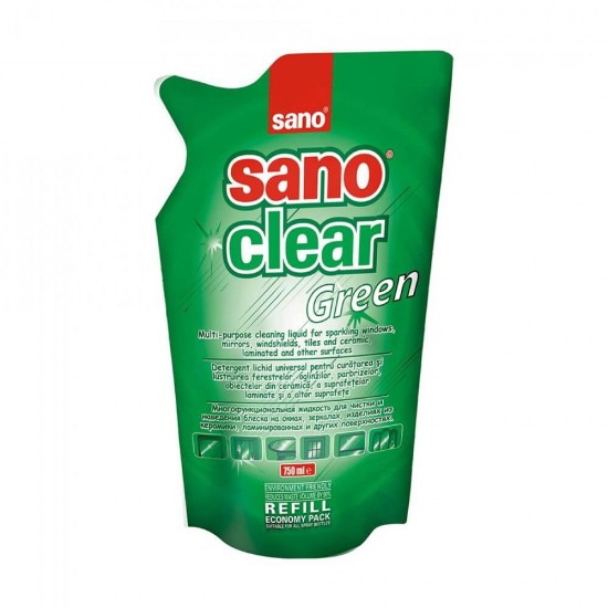 Rezerva Detergent Geamuri SANO Clear Green, 750 ml, Rezerva Detergent Lichid Universal pentru Curatarea Ferestrelor, Solutie pentru Geamuri si Suprafete Lucioase, Rezerva pentru Curatat Ferestre, Rezerve Detergenti Lichizi pentru Geam