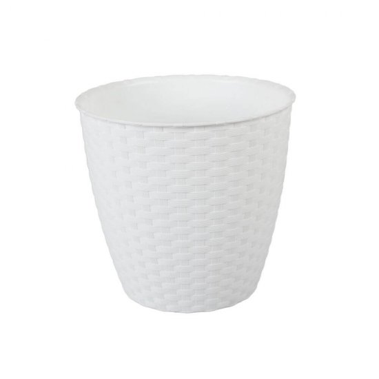 Ghiveci Sterk, Model Ratan, Plastic, 22x21 cm, Separator Inclus, Alb, Ghiveci Model Ratan, Ghiveci Ratan Alb, Ghiveci Ratan Colorat, Ghiveci cu Separator de Apa, Ghiveci de Plastic, Ghiveci pentru Flori, Ghiveci Rotund, Ghiveci Flori