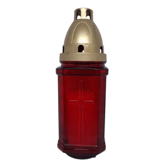 Candela de Sticla cu Capac, Patrata, Model Cruce, Rosu, 10 Ore Capacitate de Ardere, Candela de Sticla Rosie cu Capac Auriu, Candela cu Capac, Candela Rosie, Candela de Sticla cu Capac, Candele cu Capac, Candele Rosii, Candele de Sticla cu Capac