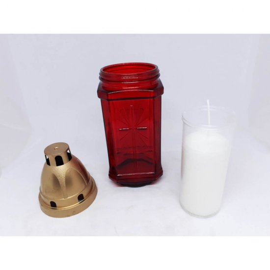 Candela de Sticla cu Capac, Patrata, Model Cruce, Rosu, 10 Ore Capacitate de Ardere, Candela de Sticla Rosie cu Capac Auriu, Candela cu Capac, Candela Rosie, Candela de Sticla cu Capac, Candele cu Capac, Candele Rosii, Candele de Sticla cu Capac