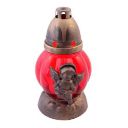 Candela de Sticla Rosie cu Capac, Model cu Ingeras Auriu, 25 Ore Ardere, Candela cu Model pentru Ocazii, Candela Rosie Simpla, Candela Cu Capac,  Candela cu Fitil