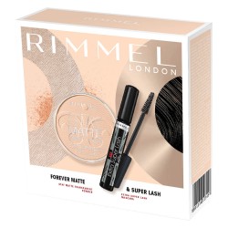Set Cadou pentru Femei RIMMEL LONDON, Mascara Extra Super Lash / Pudra Stay Matte 001 Transparent, Set Machiaje pentru Femei, Set Produse Infrumusetare, Set Rimel si Pudra de Fata, Set Cadou cu Machiaje, Set Farduri pentru Femei