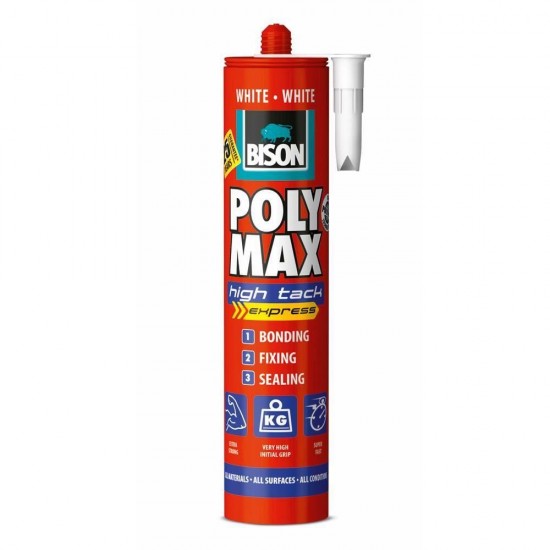 Adeziv si Etanseizant Bison Poly Max High Tack, 425 g, Culoare Alb, Adeziv Universal, Adeziv Multisuprafete, Adeziv Aplicare Pistol, Adeziv pentru Pistol, Adeziv Cartus