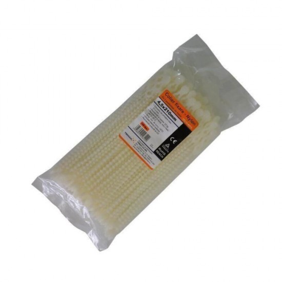Set 100 Coliere Fixare Nylon, 4.5x210 mm, Alb, 2 Posibilitati de Fixare, Reutilizabile, Colier din Nylon pentru Fixare, Colier de Plastic Doua Pozitii de Fixare, Coliere de Plastic, Colier Reutilizabil, Soricei de Plastic Reutilizabili