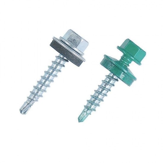 Set 250 Suruburi cu Cap Hexagonal si Saiba, Zincat, cu Varf Redus RAL8019, 4.8x35 mm, Surub Varf Redus, Surub, Surub Autoforant