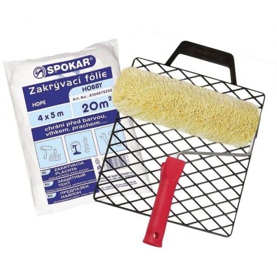 Set Ustensile de Zugravit, cu Rola cu Maner si Gratar, 240 mm si Folie de Protectie de 20 mp, Rola de Poliester pentru Vopsit, Set Ustensile pentru Vopsit, Unelte de Zugravit si Vopsit, Unelte pentru Renovarea Spatiilor