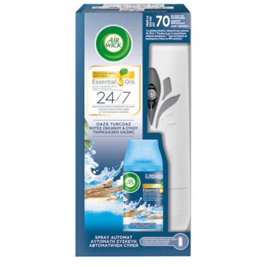 AIR WICK Set Aparat Freshmatic Complete Turquoise Oasis + Spray Odorizant de Camera, 250ml, Air Wick Spray, Parfum Floral, Spray tip Aerosol, Odorizant Camera, Odorizant Spray pentru Camera, Spray Odorizant, Odorizant cu Dispenser AIR WICK