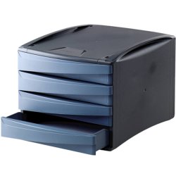 Cabinet cu 4 Sertare Fellowes, 100% Materiale Reciclabile, 254x285x384 mm, Albastru/Negru, Suport Documente, Suport pentru Birou, Suport de Birou, Suport Birotica, Suport Birou cu Sertare, Suport Birou pentru Acte, Organizator Birou