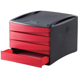 Cabinet cu 4 Sertare Fellowes, 100% Materiale Reciclabile, 254x285x384 mm, Rosu/Negru, Suport Documente, Suport pentru Birou, Suport de Birou, Suport Birotica, Suport Birou cu Sertare, Suport Birou pentru Acte, Organizator Birou