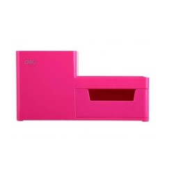Suport Birou Deli, 3 Compartimente si Sertar, Roz, Plastic, Suport pentru Birou, Suport de Birou, Suport Accesorii Birou, Suport Instrumente de Scris, Suport Birotica, Suport Birou cu 3 Compartimente si Sertar, Suport Birou cu Sertar Mic