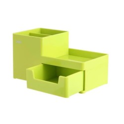 Suport Birou Deli, 3 Compartimente si Sertar, Verde, Plastic, Suport pentru Birou, Suport de Birou, Suport Accesorii Birou, Suport Instrumente de Scris, Suport Birotica, Suport Birou cu 3 Compartimente si Sertar, Suport Birou cu Sertar Mic