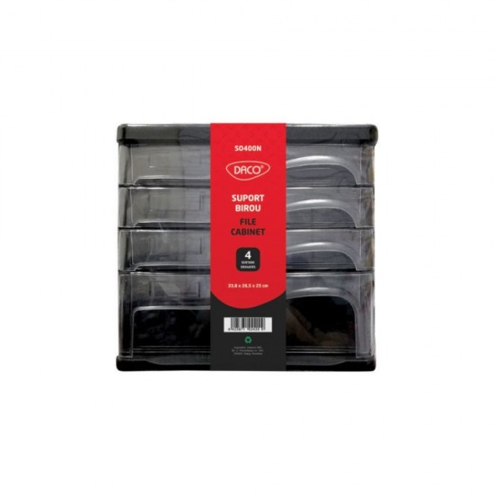 Suport Birou DACO, 4 Sertare, Plastic, 33.8x26.5x25 cm, Negru, Suport pentru Accesorii din Plastic Accesorii Birou, Suport Hartii, Organizator Plastic, Suport Instrumente de Birou, Organizator de Birou cu 4 Sertare