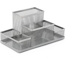 Suport Birou ECADA, 4 Compartimente, Plasa Metalica, Argintiu, Suport pentru Accesorii din Plasa Metalica, Accesorii Birou, Suport Accesorii de Scris, Organizator Metalic, Suport Instrumente de Scris Birou