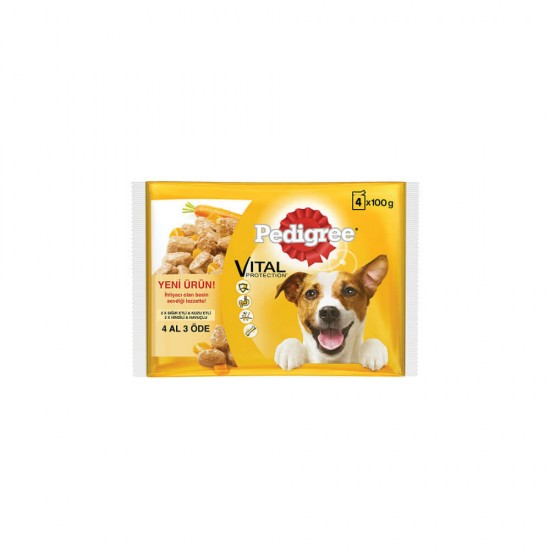 Set 4 Plicuri Hrana Umeda pentru Caini PEDIGREE Vital, Vita, Miel, Curcan, Morcovi, 400 g, Hrana cu Vita si Miel pentru Caine, Plic  de Carne de Curcan si Morcov, Carne de Vita pentru Catei, Plic de Carne si Morcovi pentru Catei Pedigree