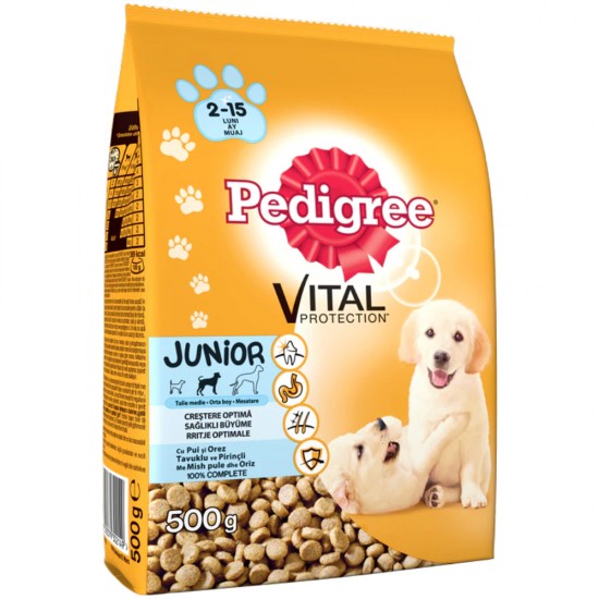 Hrana Uscata Caini de Talie Medie, Pedigree Junior, 500 g, Pui si Orez, Hrana Pui de Caini Pedigree, Pedigree Junior Hrana Uscata, Hrana Pui de Caini Nutritiva, Pedigree Sac, Saci de Mancare Caini