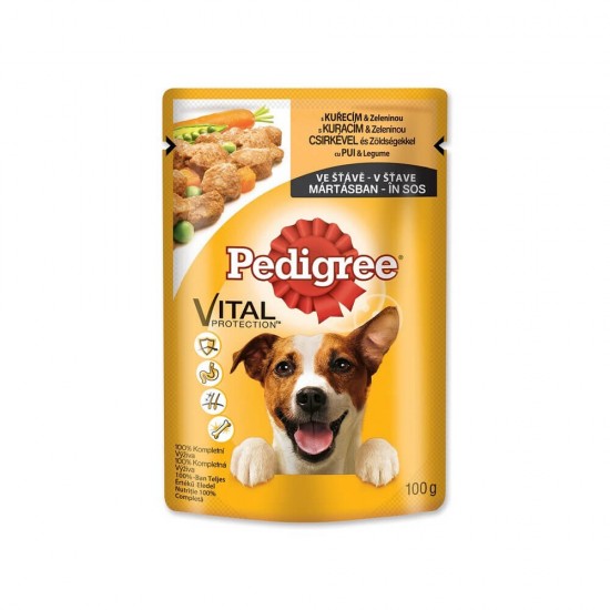 Plic Hrana Umeda pentru Caini PEDIGREE Vital, Pui si Legume, 100 g, Hrana cu Pui si Legume pentru Caine, Plic de Carne de Pui si Legume, Carne de Pui pentru Catei, Hrana la Plic pentru Caini, Plic de Pui cu Legume pentru Catei Pedigree