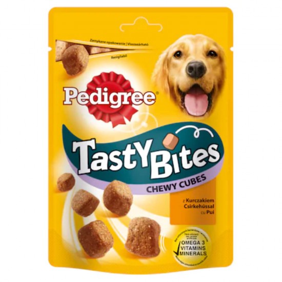 Recompense pentru Caini PEDIGREE Tasty Bites, Cubulete Gumate, 130g, Mancare pentru Catei, Cubulete de Carne pentru Catei, Recompense din Carne pentru Caini, Cubulete Recompensa pentru Catei, Cubulete de Carne pentru Caini