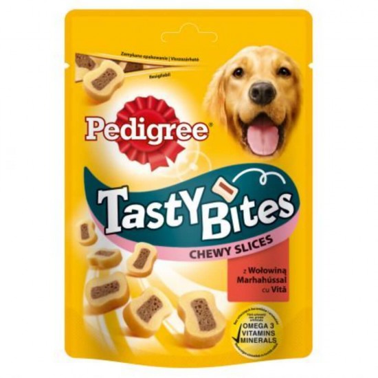 Recompense pentru Caini PEDIGREE Tasty Bites, Feliute Gumate, 155g, Mancare pentru Catei, Feliute de Carne pentru Catei, Recompense din Carne pentru Caini, Gustare Recompensa pentru Catei, Gustare de Carne pentru Caini