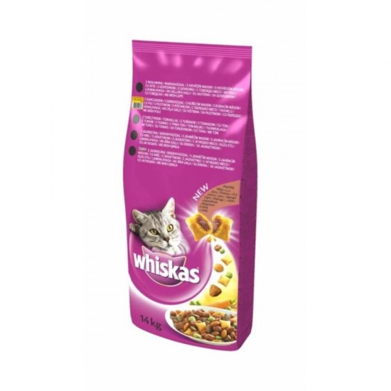 Hrana Uscata cu Pui si Ficat pentru Pisici WHISKAS, 14 Kg, Granule pentru Pisici, Bobite pentru Pisici, Hrana Pisici, Mancare Pisici, Sac Crochete pentru Pisici, Whiskas Crochete cu Carne de Pui, Whiskas Hrana Uscata pentru Pisici Adulte