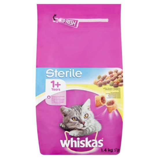 Hrana Uscata cu Pui pentru Pisici WHISKAS Sterile, 1.4 Kg, Hrana Pisici, Granule pentru Pisici Sterilizate, Bobite pentru Pisici Sterilizate, Mancare Uscata pentru Pisici Sterilizate, Whiskas pentru Pisici Adulte Sterilizate